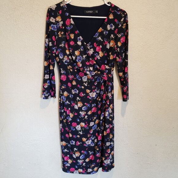Lauren Ralph Lauren Cleora Front Twisted Floral Jersey Surplice Dress Navy Sz 6 - Picture 1 of 9